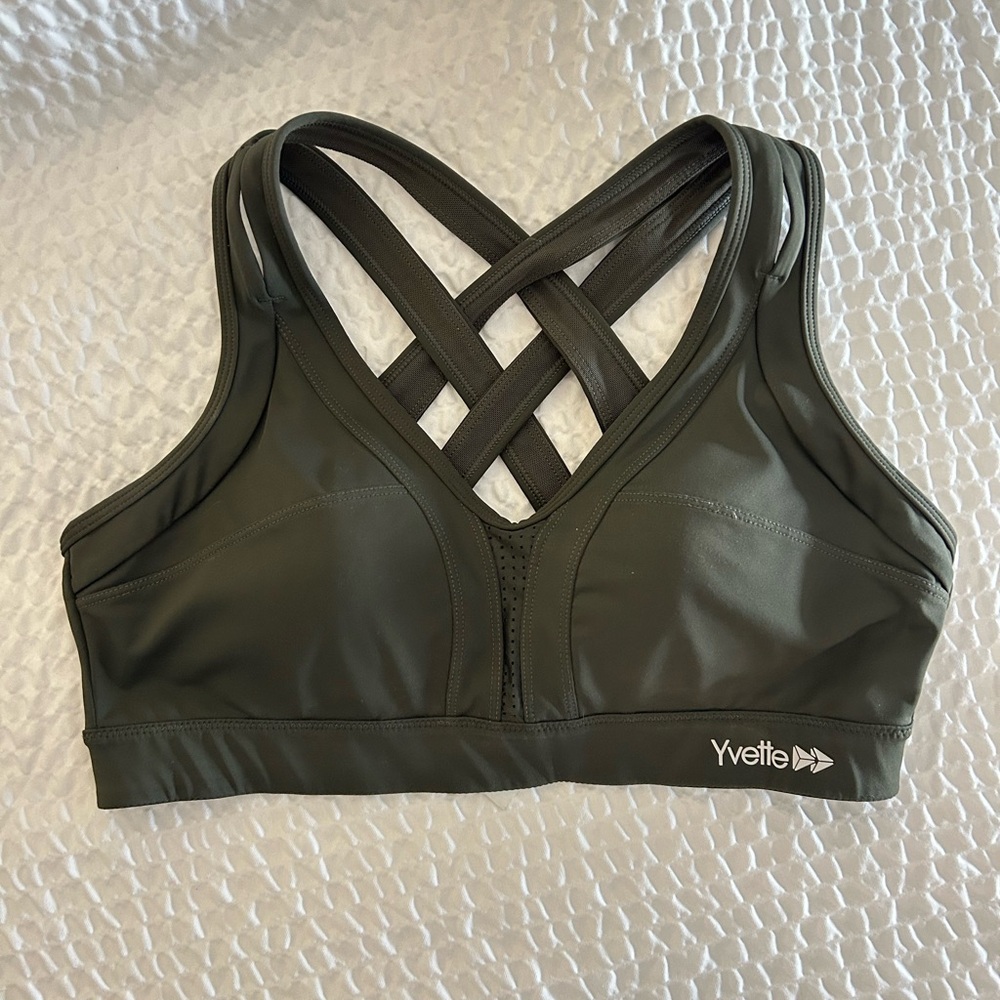 Yvette High Impact Sports Bra 38A 38B 38C Olive Crisscross Back‎